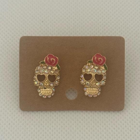 Unbranded Jewelry - Gold Skull Stud Earrings with Red Rose – Crystal Accents – NWT